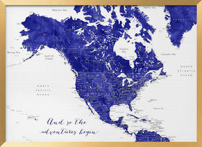 Adventure map of North America in cobalt blue Poster