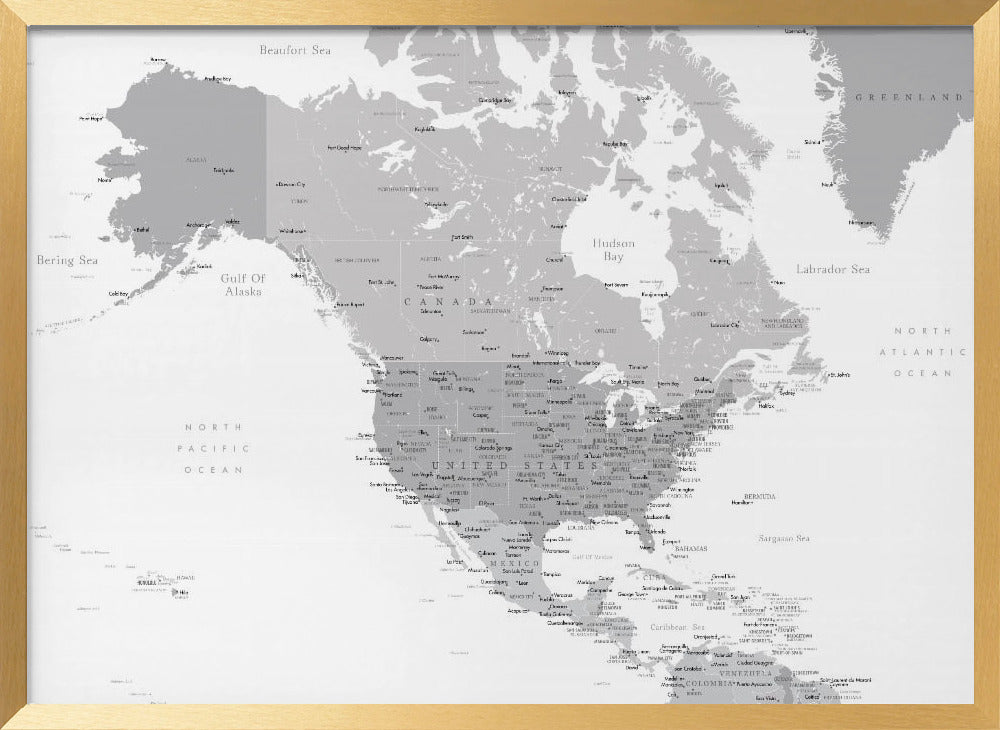 Gray map of North America with cities Poster