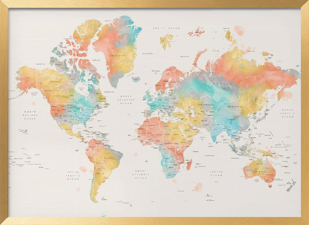 Watercolor world map with countries, Fifi Poster