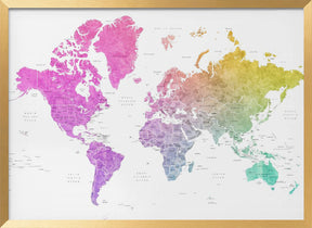 Watercolor world map with countries, Leo Poster