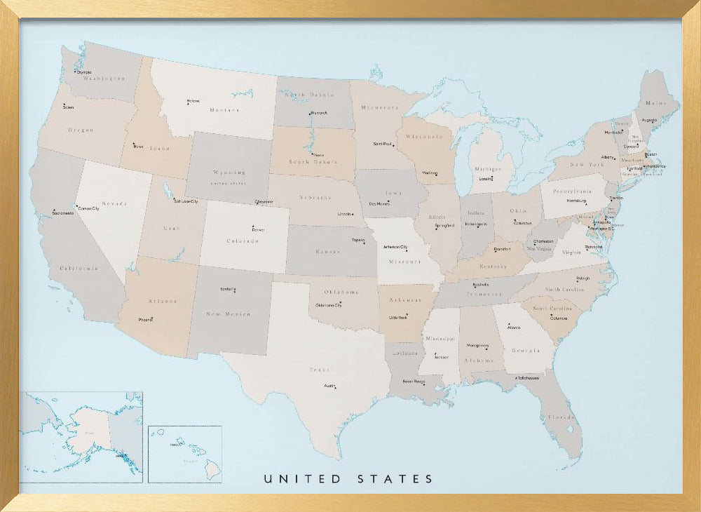 Isolated map of the United States with States and State capitals Poster