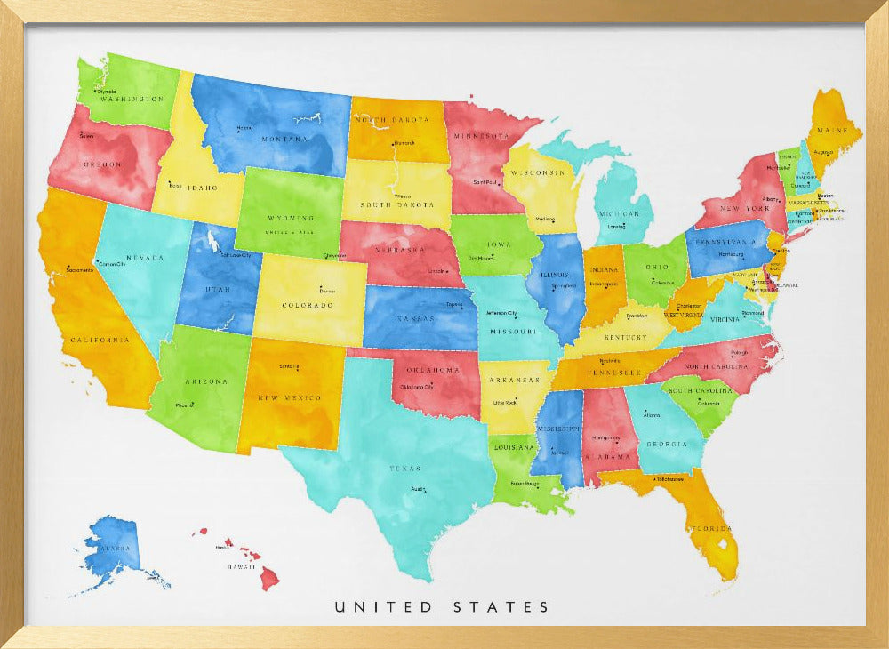 Colorful map of the United States with States and State capitals Poster