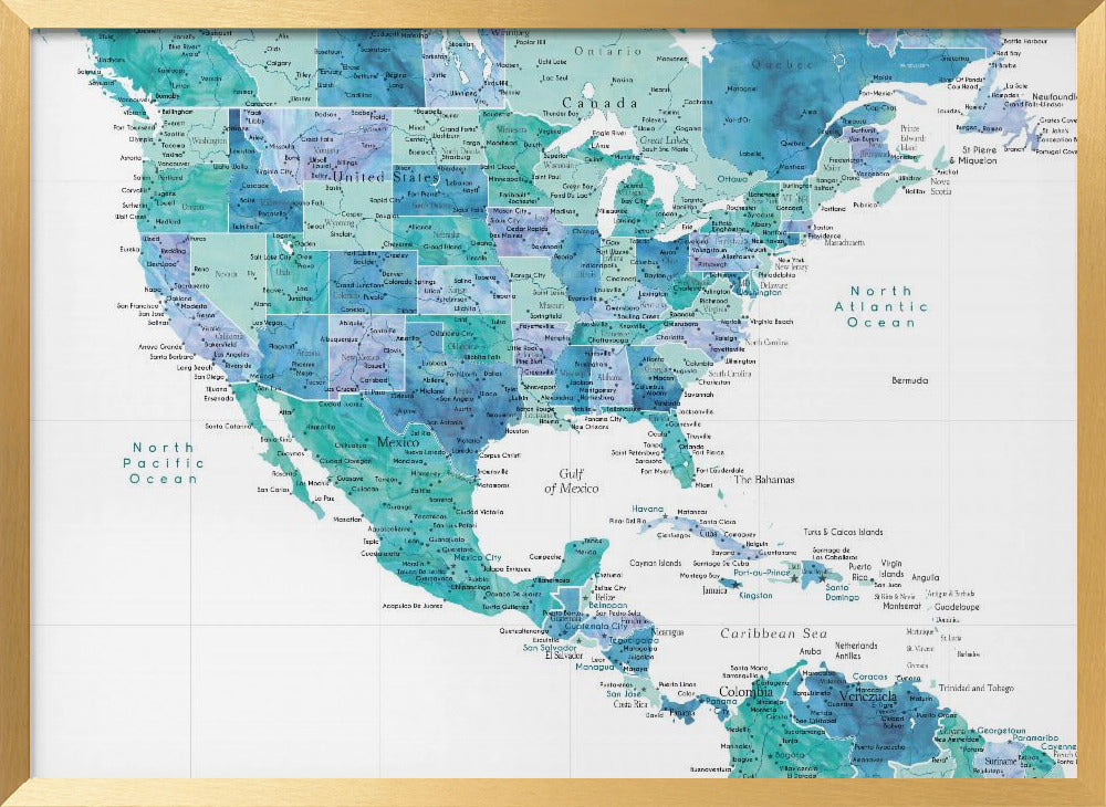 Aqua map of the United States and the Caribbean sea Poster