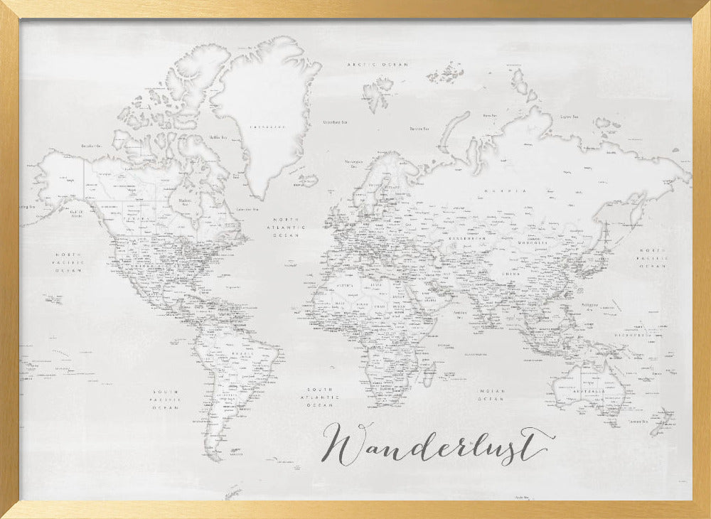 Wanderlust, detailed world map with cities, Maeli white Poster