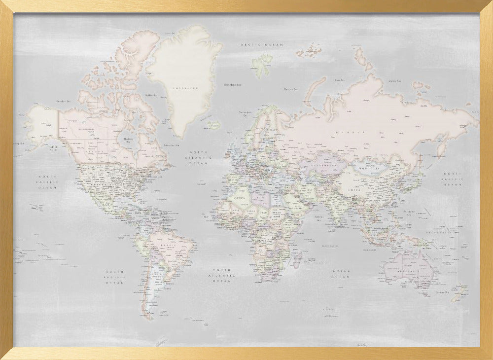 Detailed world map with cities, Maeli pastels Poster