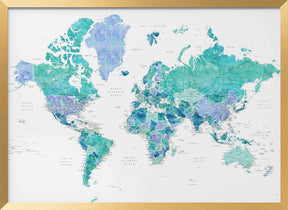 Detailed world map with cities, Caribbean waters Poster