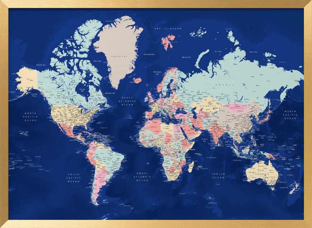 Detailed world map with cities, Powa Poster