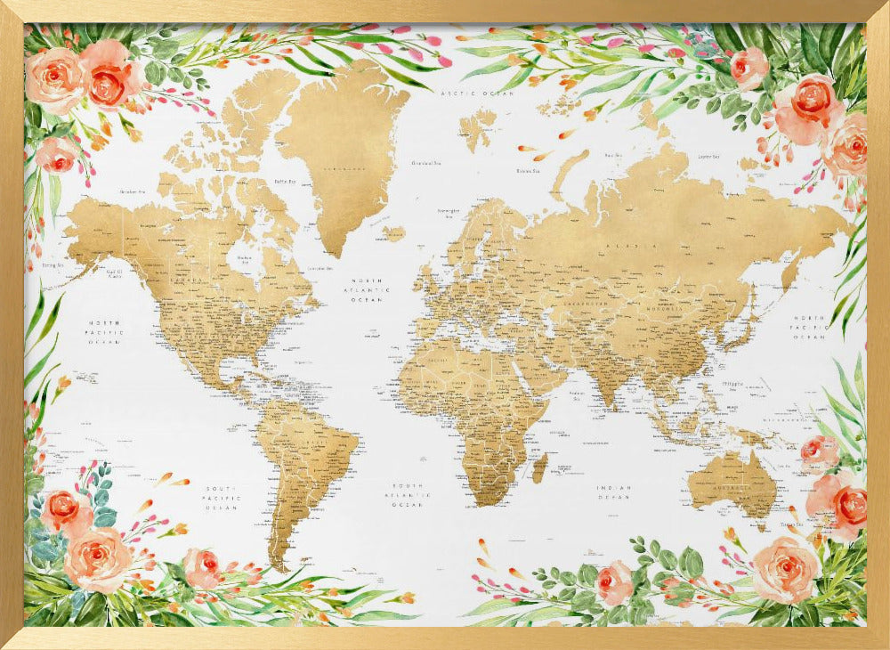 Floral bohemian world map with cities, Blythe Poster