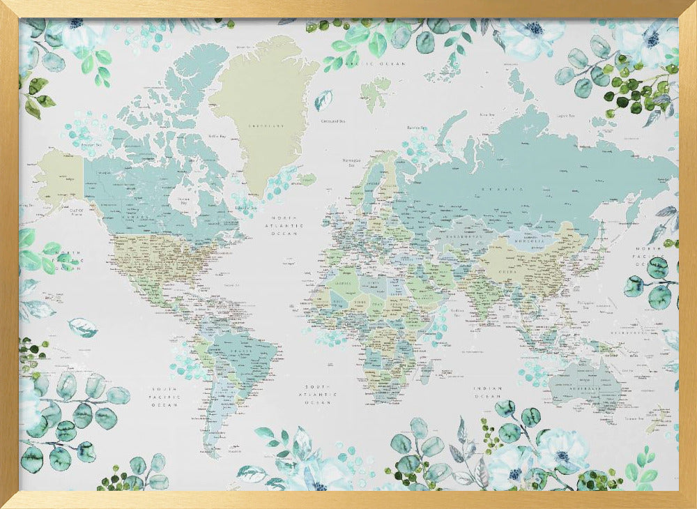 Detailed world map with cities and florals, Marie Poster