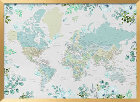 Detailed world map with cities and florals, Marie Poster