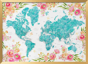 Detailed floral world map with cities, Haven Poster