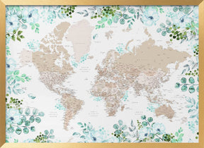 Detailed floral world map with cities, Leanne Poster