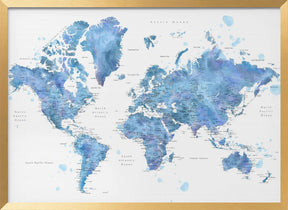 Blue watercolor world map with cities, Simeon Poster