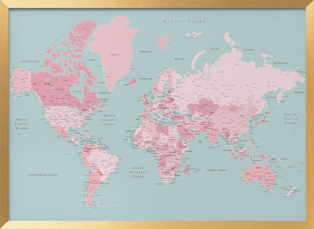 Pink and aqua world map with cities, Isobel Poster