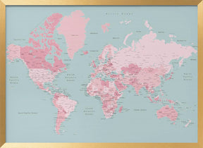 Pink and aqua world map with cities, Isobel Poster