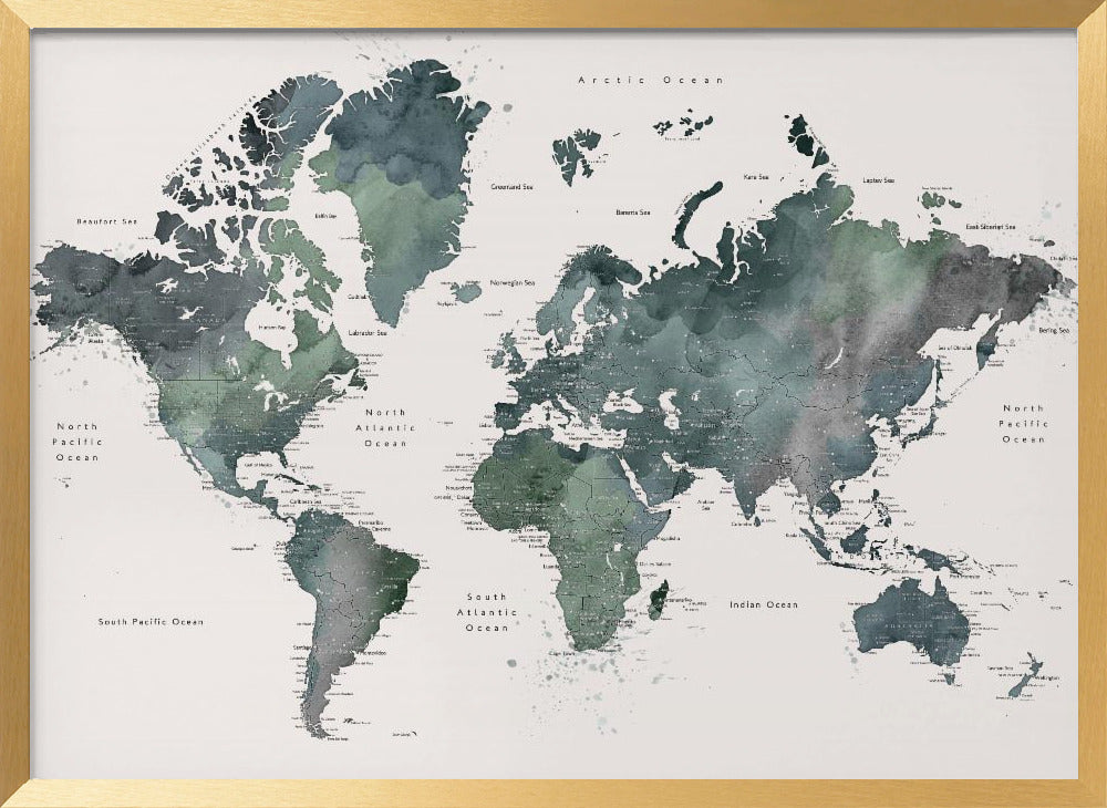 Watercolor world map with cities, Makoa Poster