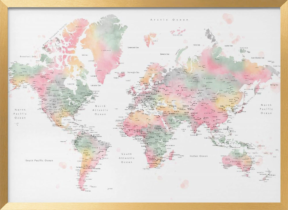 Pastel watercolor world map with cities, Anjah Poster