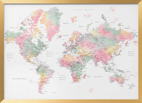 Pastel watercolor world map with cities, Anjah Poster