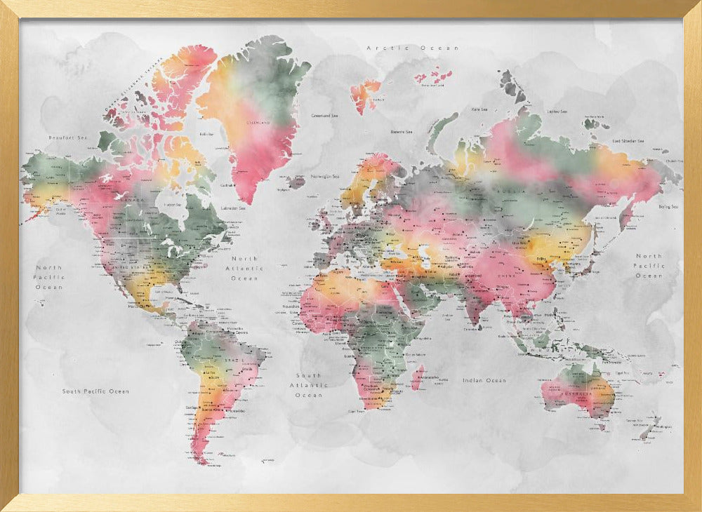 Watercolor world map with cities, Zadie Poster