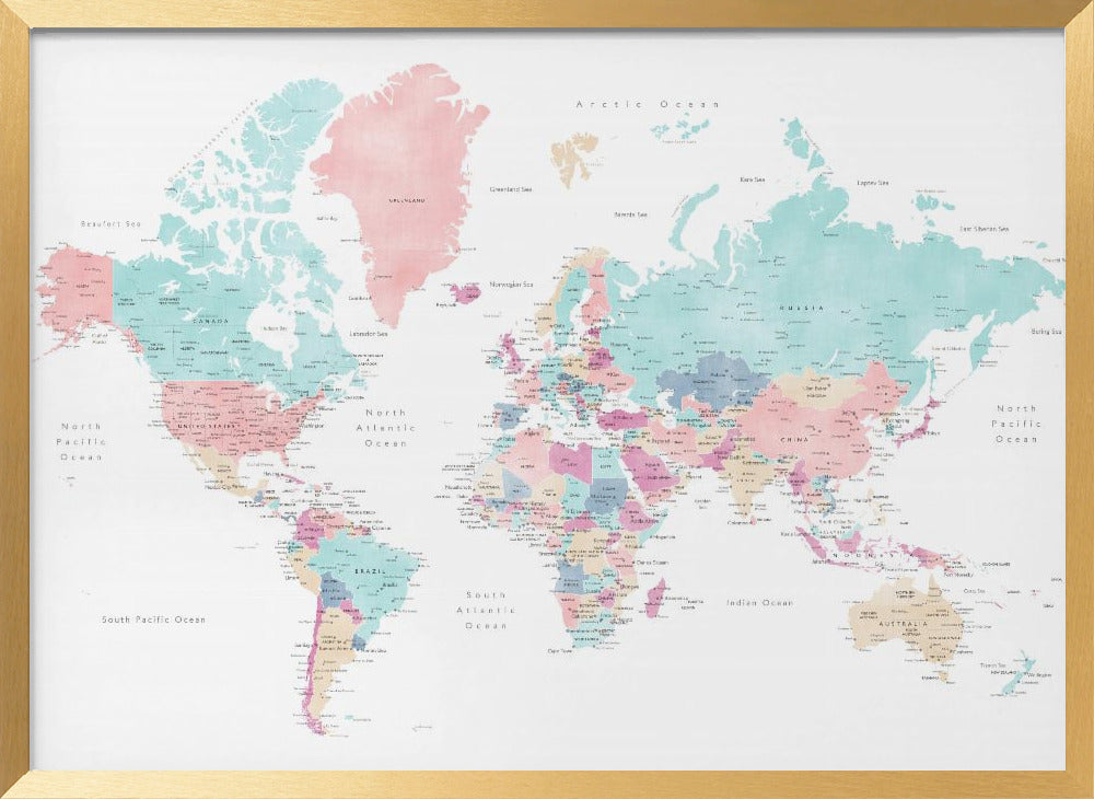 Distressed pastels world map with cities, Carmen Poster