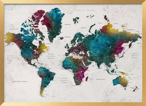 Watercolor world map with cities, Charleena Poster