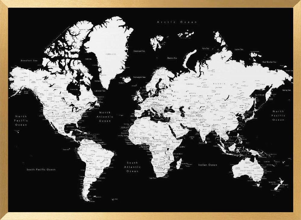 Black and white world map with cities, Connie Poster