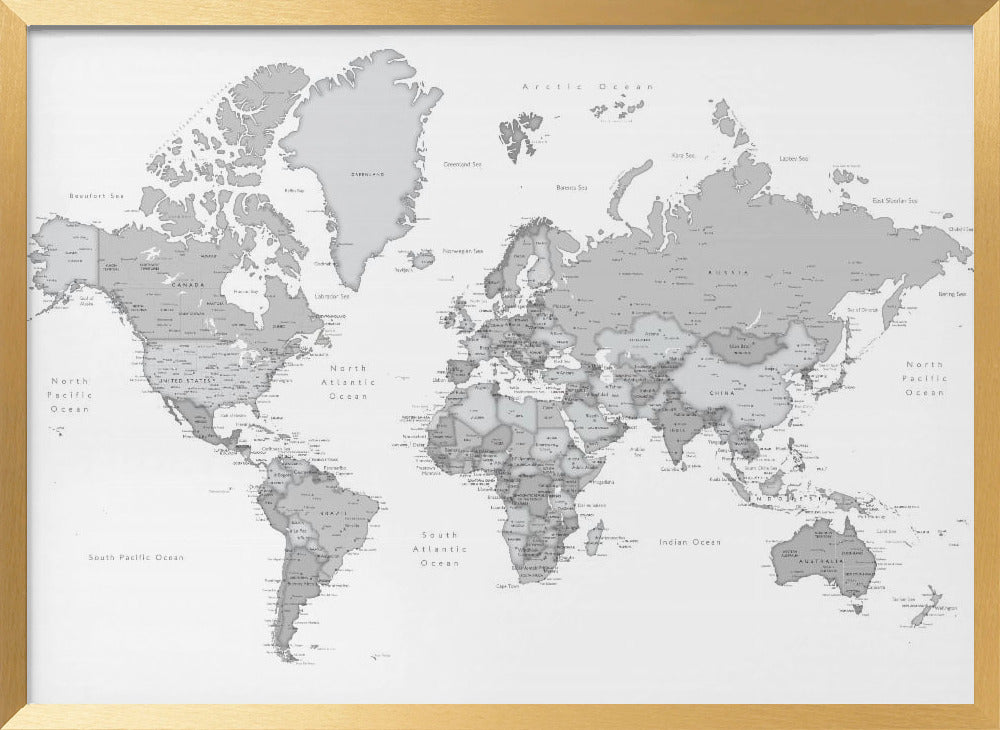 Gray world map with cities, Chas Poster