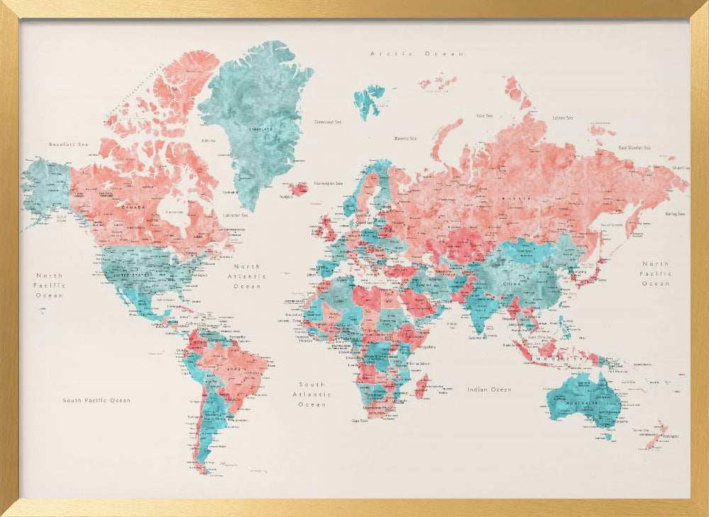 Watercolor world map with cities, Charlotte Poster