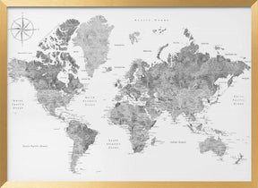 Grayscale watercolor world map with cities, Rylan Poster