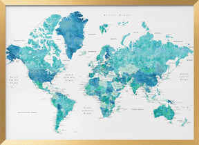 Watercolor world map with cities, Uzziel Poster