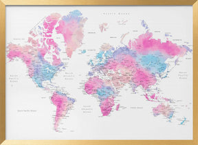 Watercolor world map with cities, Keahi Poster