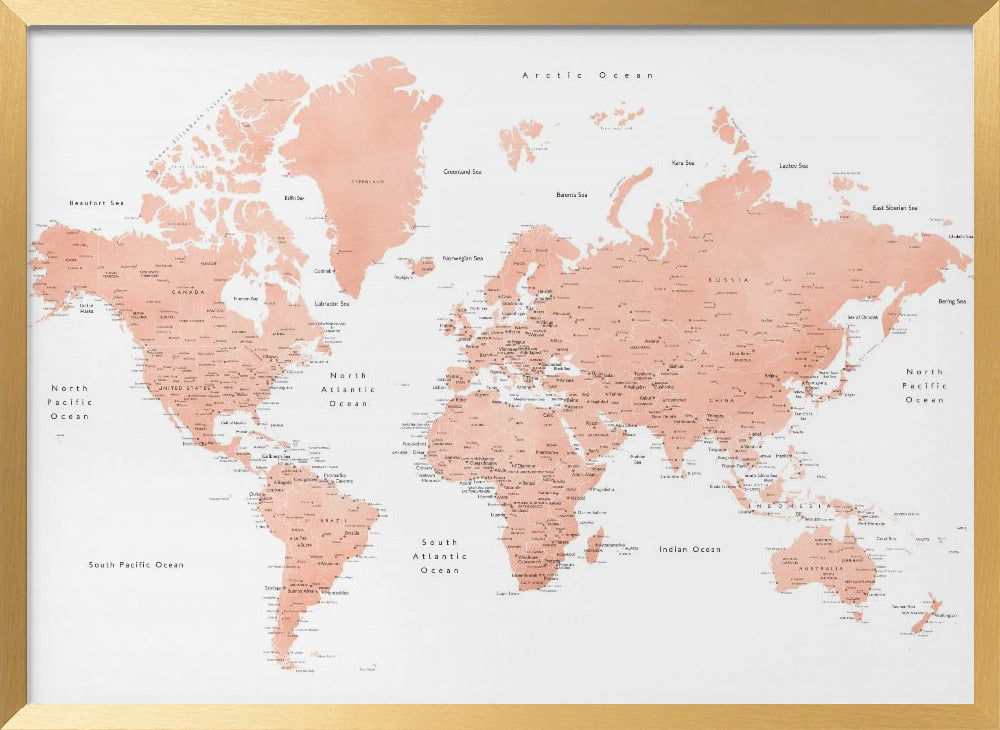 Rose gold world map with cities, Hadi Poster