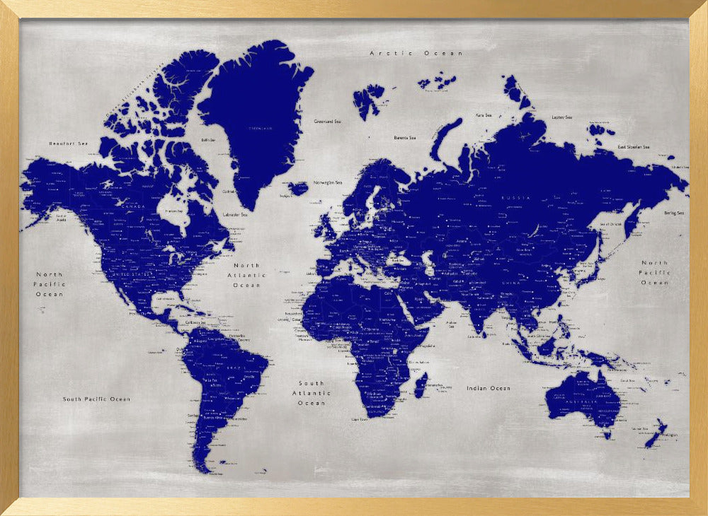 Distressed world map with cities, Delaney Poster