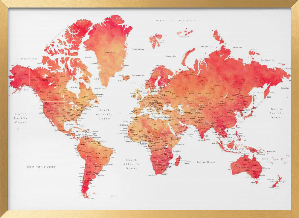 Watercolor world map with cities, Keats Poster