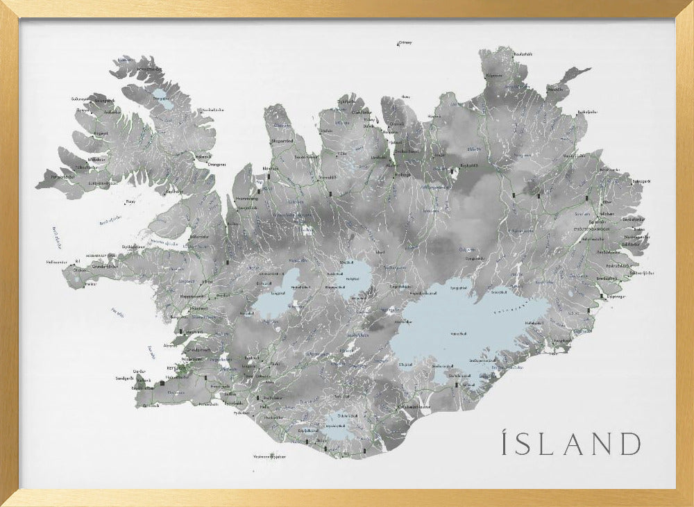 Island - Iceland map in gray watercolor with native labels Poster