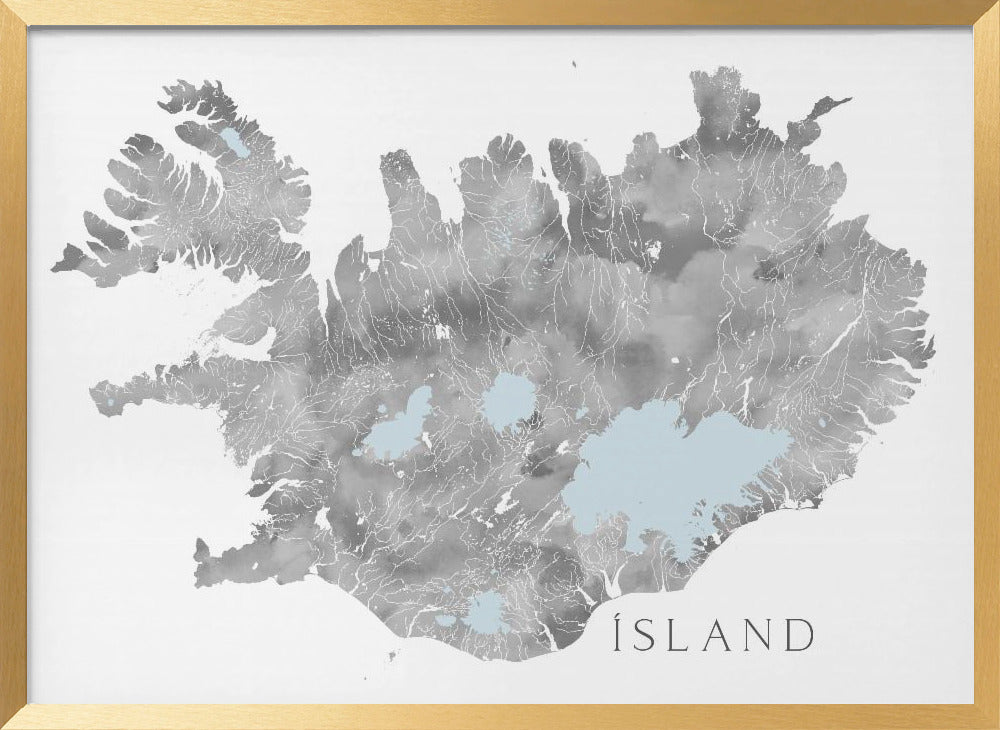 Ísland - Iceland blank map in gray watercolor Poster