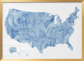 Blue watercolor map of the USA with states and state capitals Poster