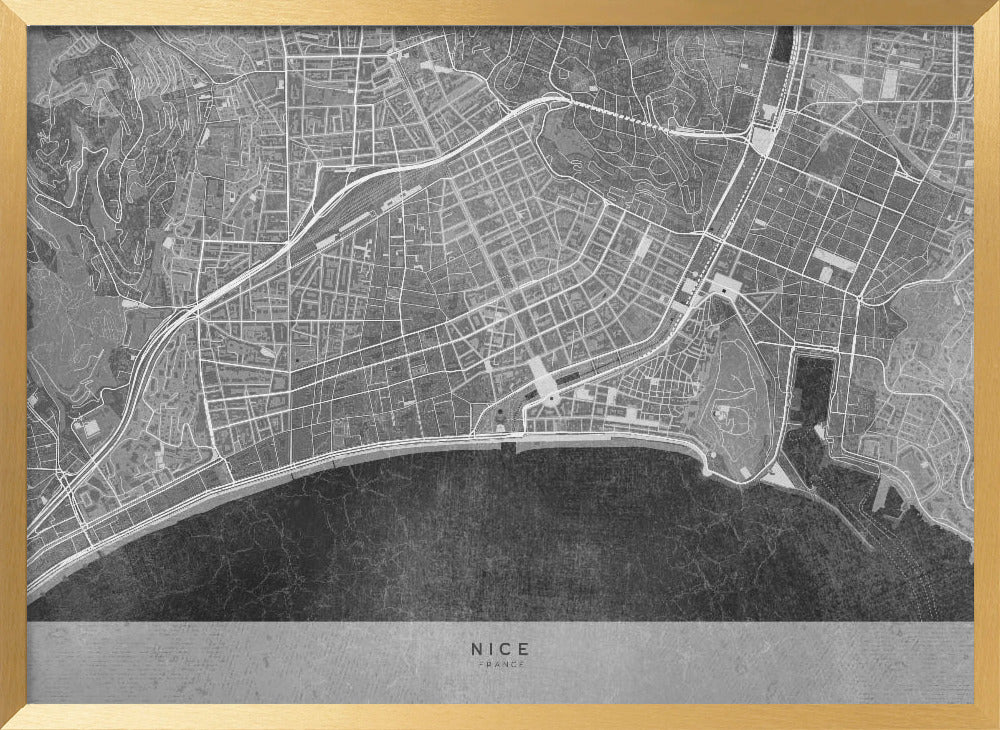 Gray vintage map of Nice downtown France Poster