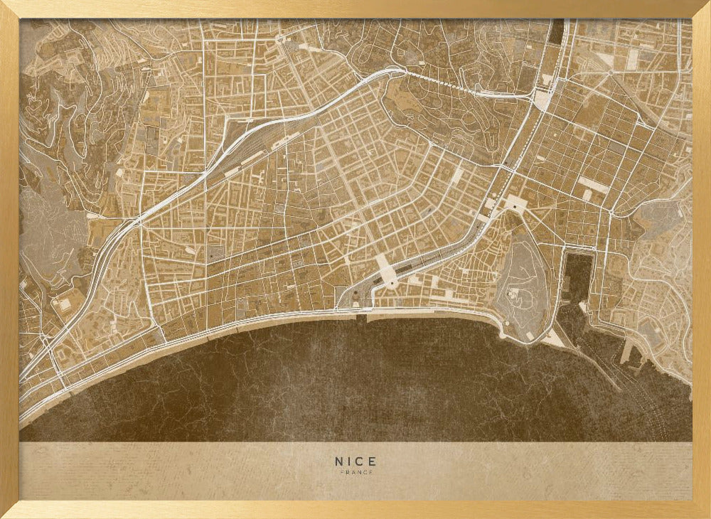 Sepia vintage map of Nice downtown France Poster