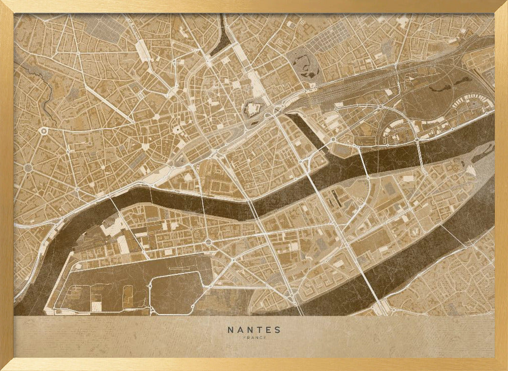 Sepia vintage map of Nantes downtown France Poster