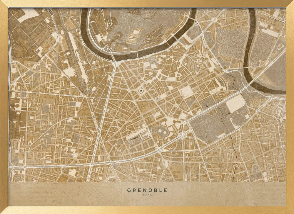 Sepia vintage map of Grenoble downtown France Poster