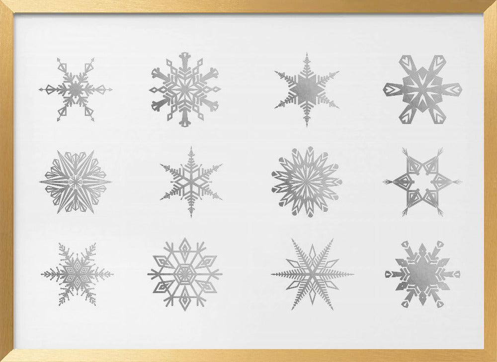 Twelve geometric snowflakes in gray Poster