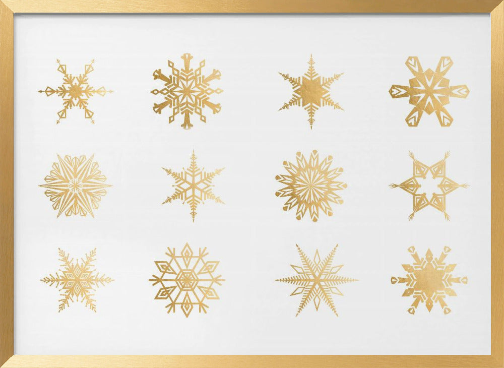 Twelve geometric snowflakes in gold Poster