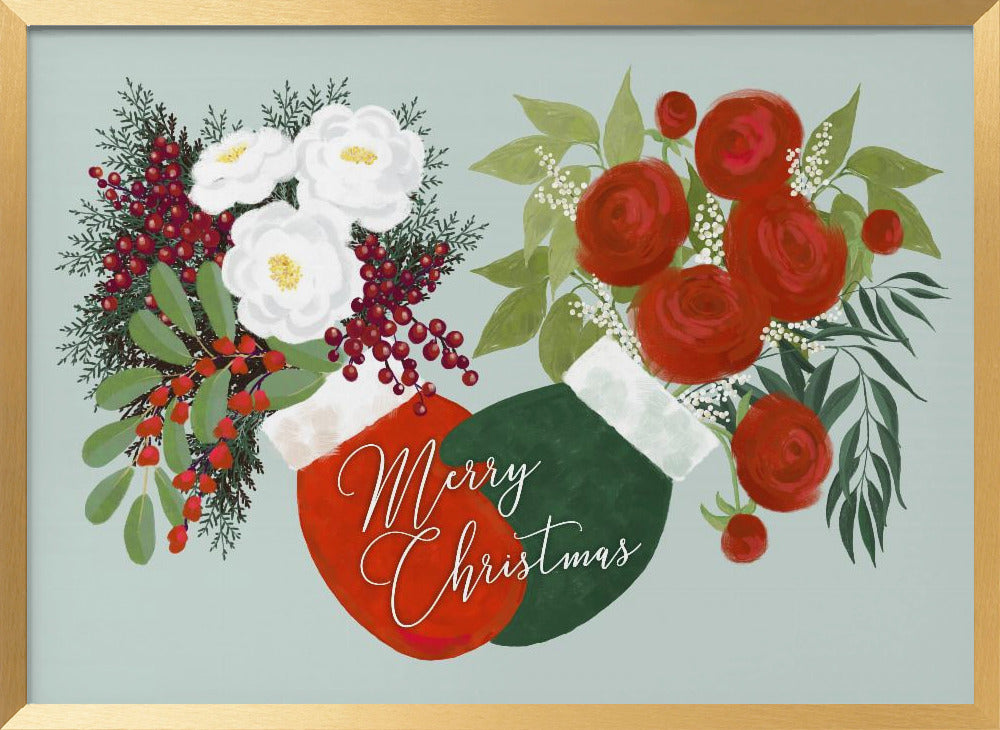 Floral mittens Merry Christmas in mint Poster