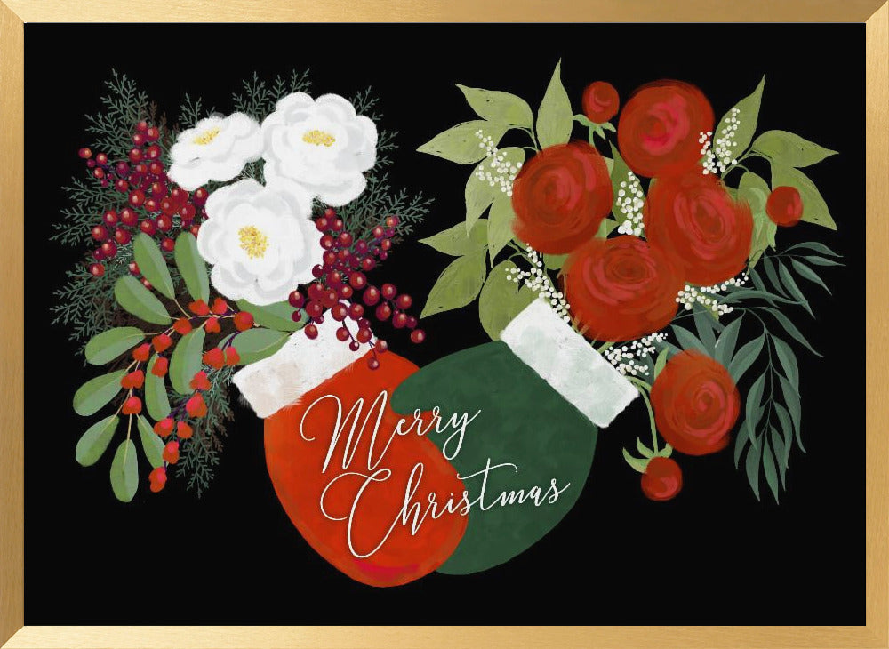 Floral mittens Merry Christmas in black Poster