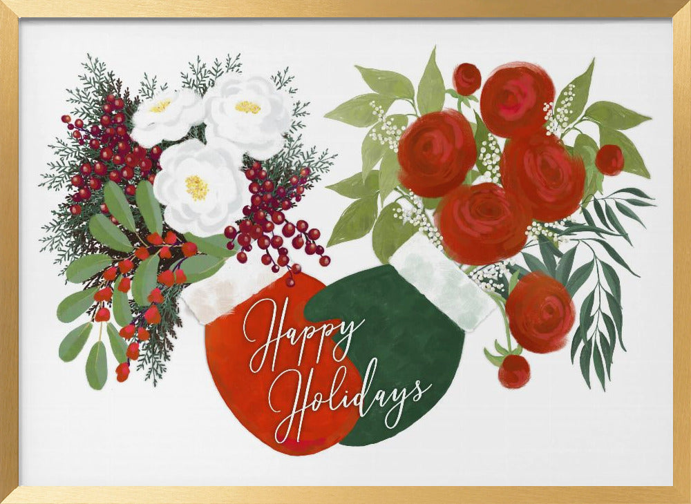 Floral mittens Happy holidays in white Poster