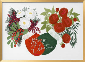 Floral mittens Merry Christmas in white Poster