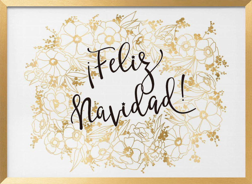 Feliz Navidad with golden flowers Poster