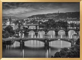 Evening view over the Vltava bridges in Prague - Monochrome Poster