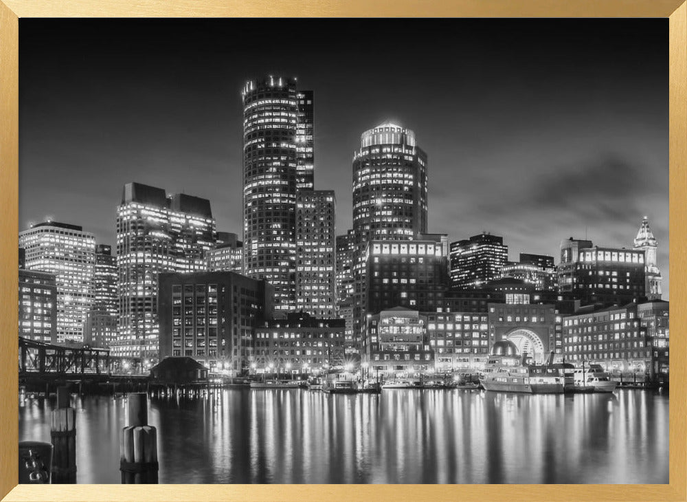 BOSTON Fan Pier Park &amp; Skyline in the evening - Monochrome Panoramic Poster